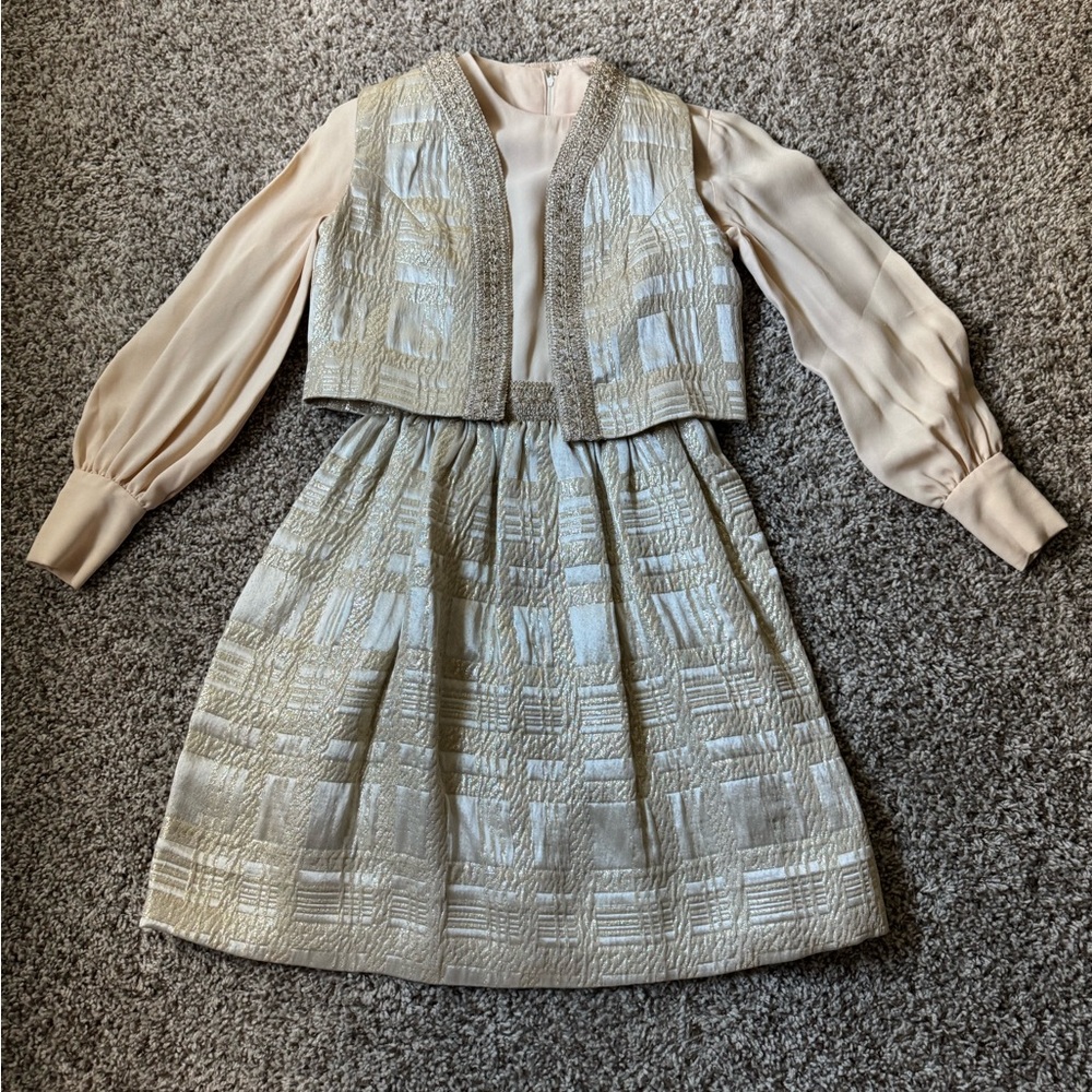 Vintage Cream, Champagne and Gold Handmade Dress and Vest set-  Size XS